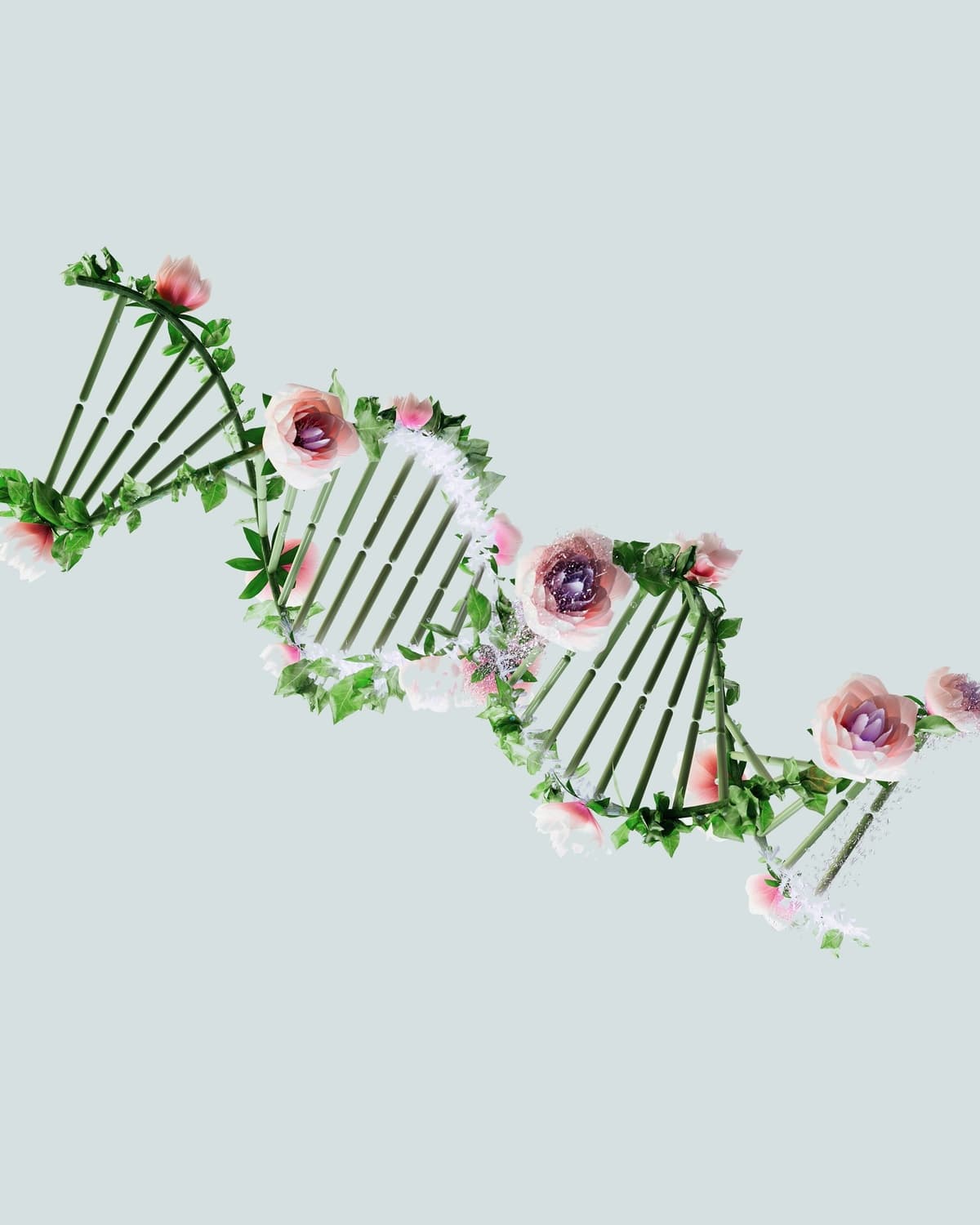 DNA strand intertwined with green leaves and pink flowers